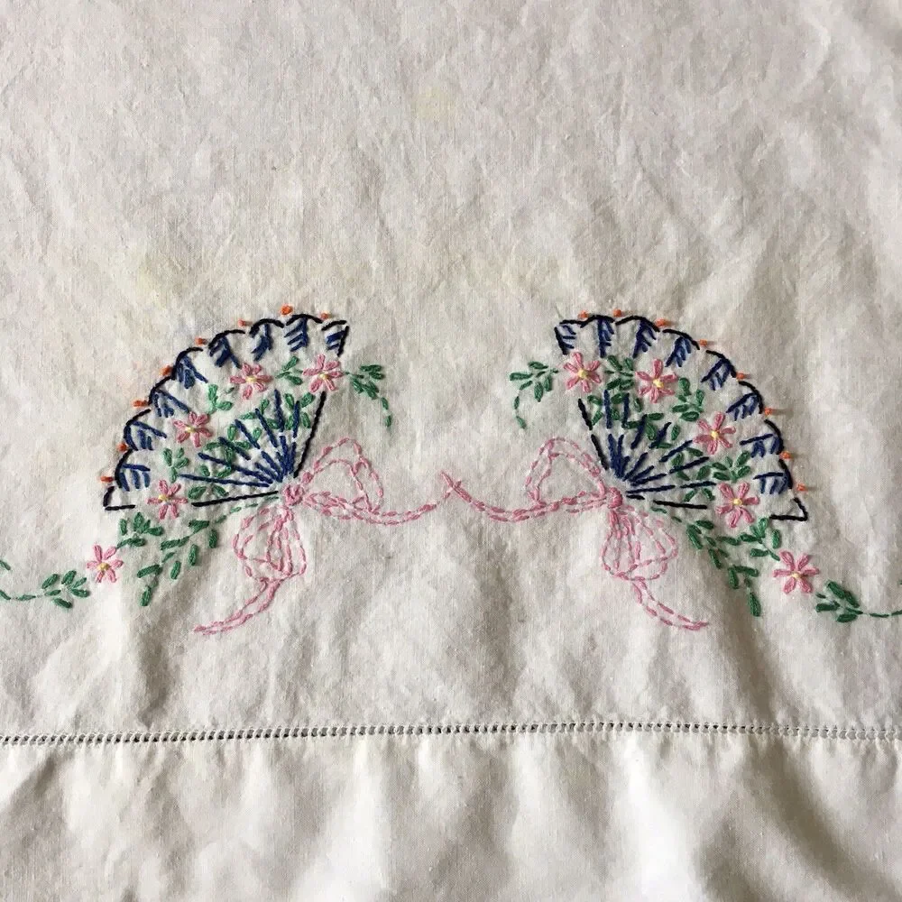 Vintage Hand Embroidered Pillow Cases - Fans - Standard size